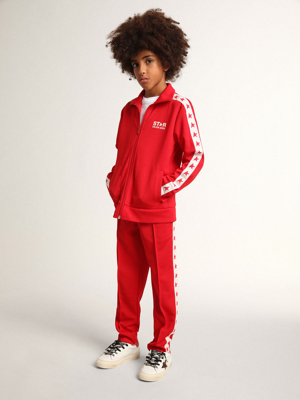 Red zipped sweatshirt with white stripe and red stars| Golden Goose
