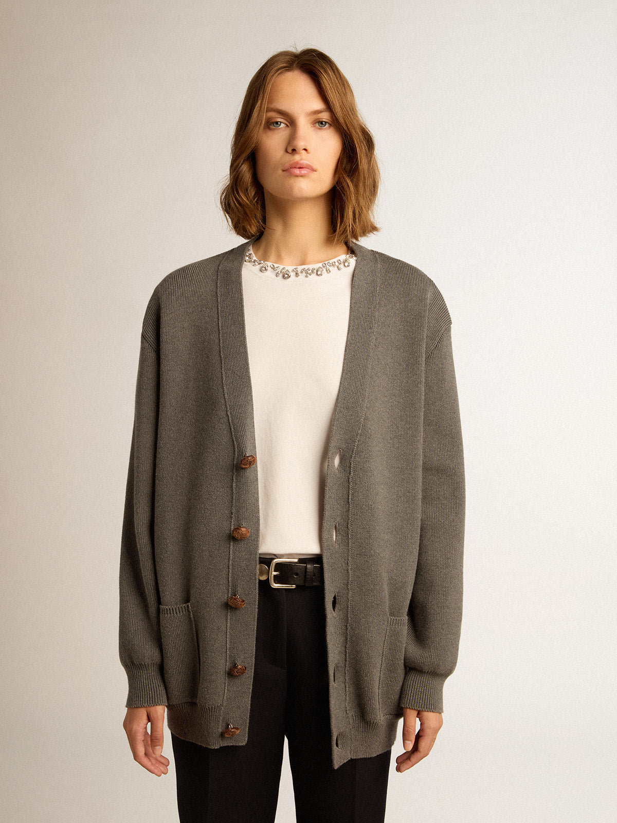Women's grey cotton cardigan with buttons| Golden Goose