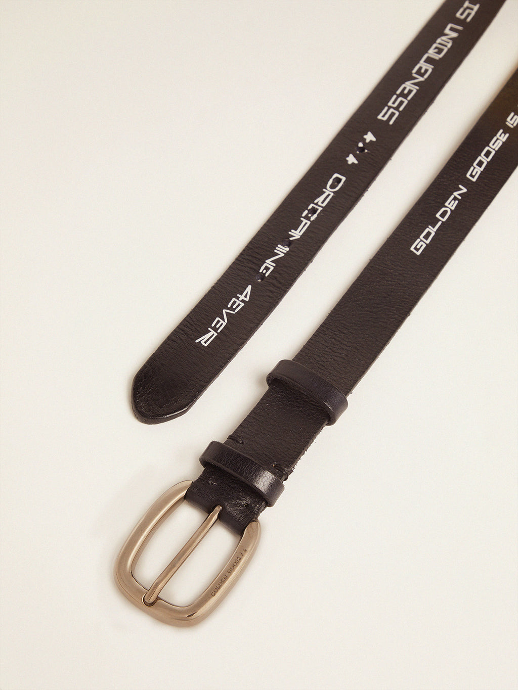Houston belt in black leather with contrasting handwritten lettering| Golden Goose