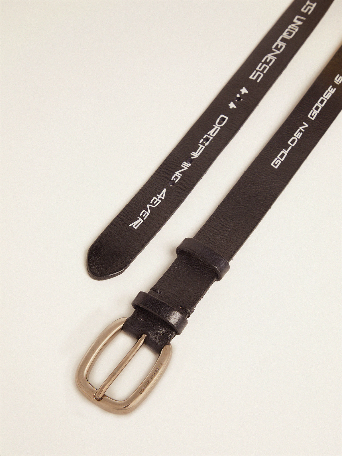 Houston belt in black leather with contrasting handwritten lettering| Golden Goose