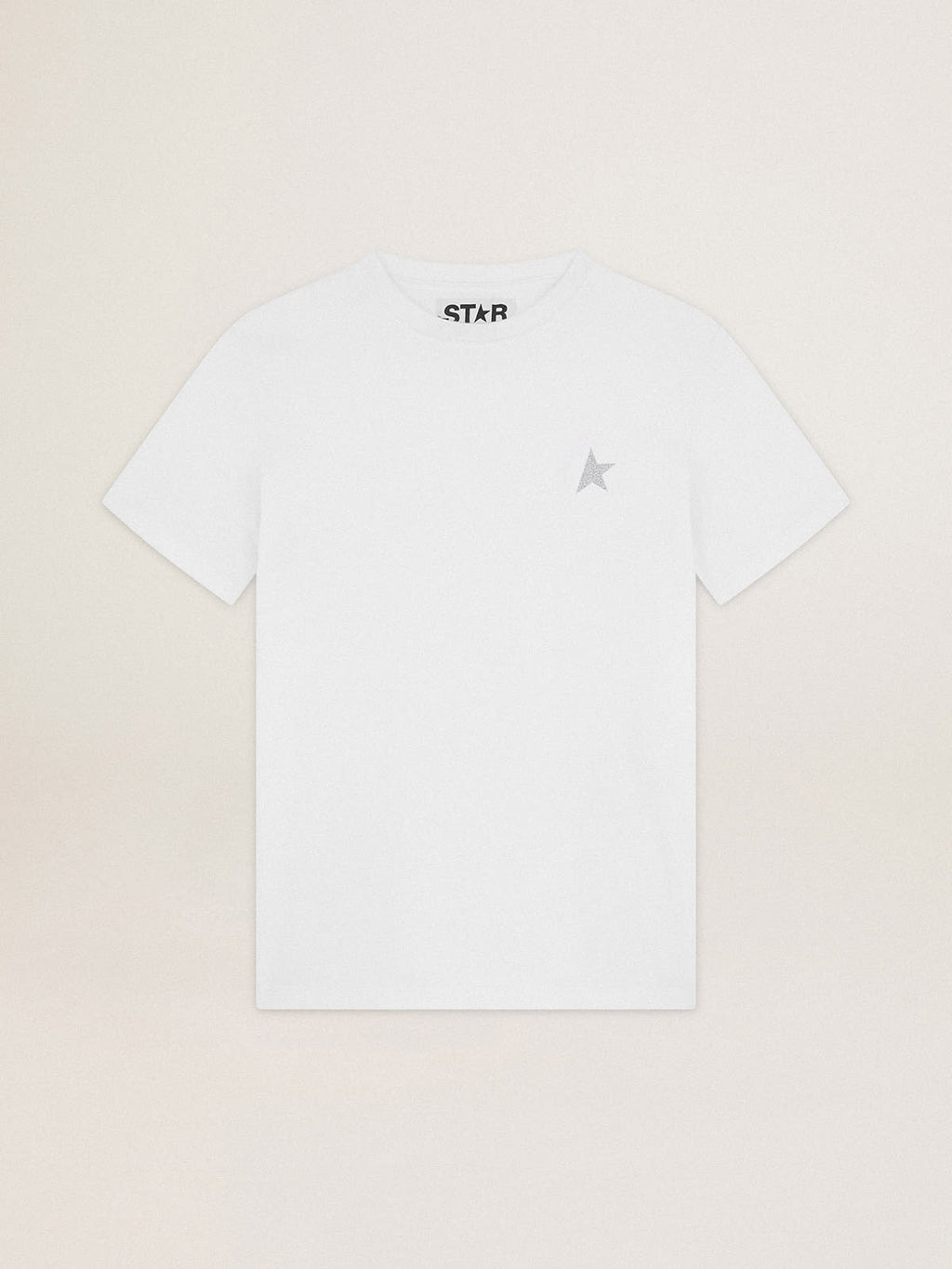 Women's white T-shirt with silver glitter star on the front| Golden Goose