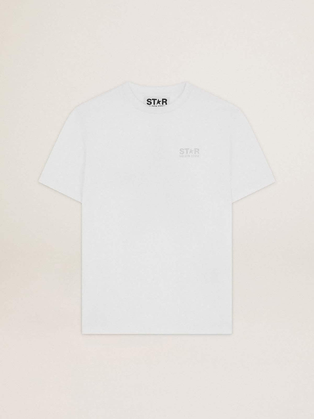 Women's white T-shirt with silver glitter logo and star| Golden Goose