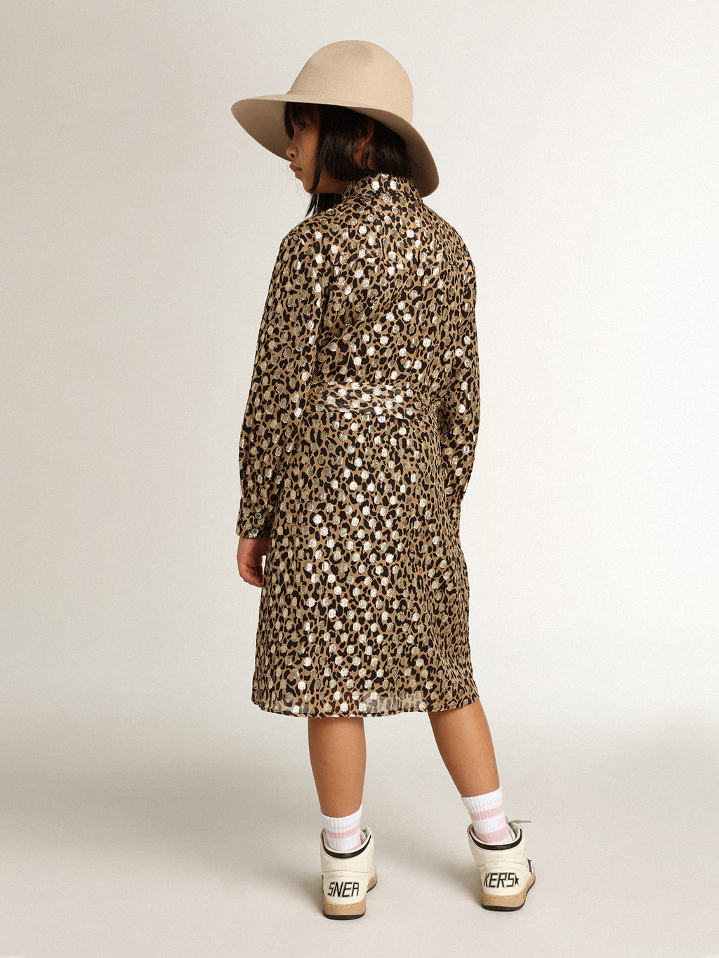 Girls' shirt dress with animal print and gold plumetis| Golden Goose