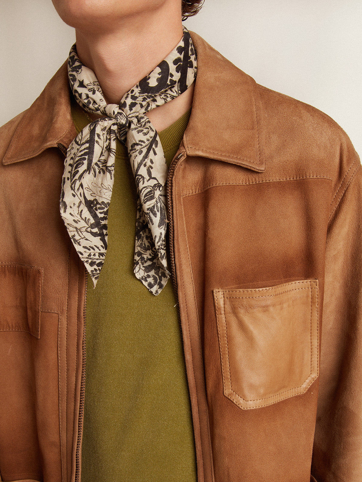 Sand-colored leather jacket with patches and zip fastening| Golden Goose