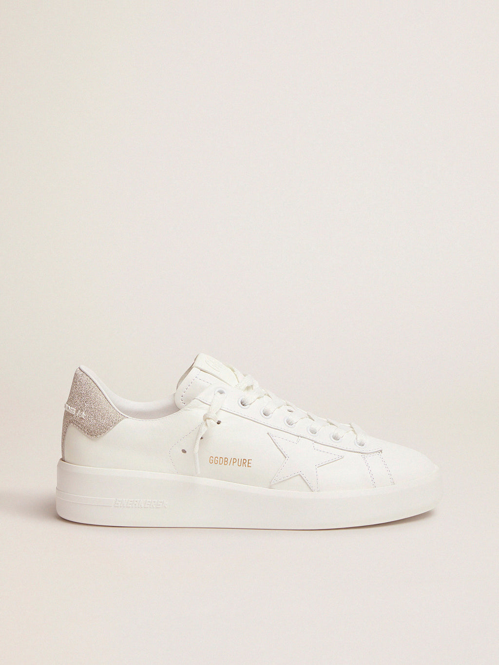 Purestar sneakers in white leather with champagne glitter heel tab| Golden Goose