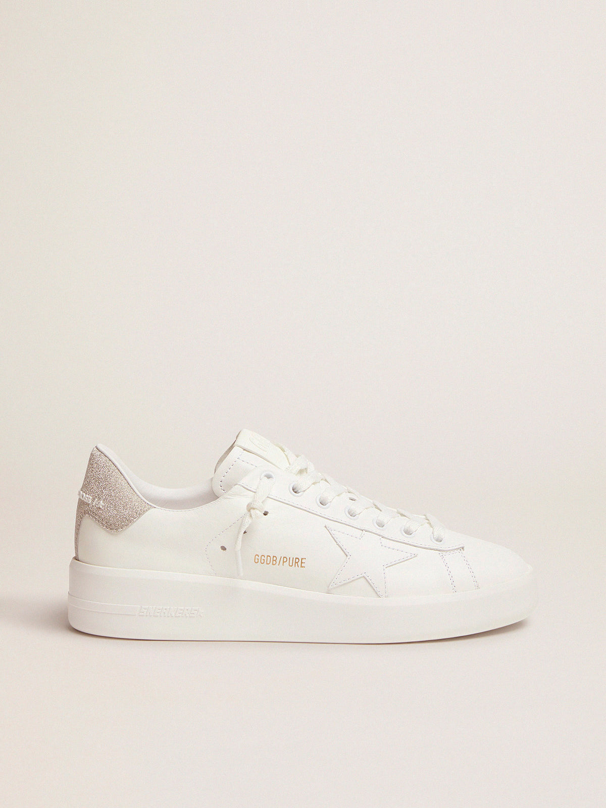 Purestar sneakers in white leather with champagne glitter heel tab| Golden Goose