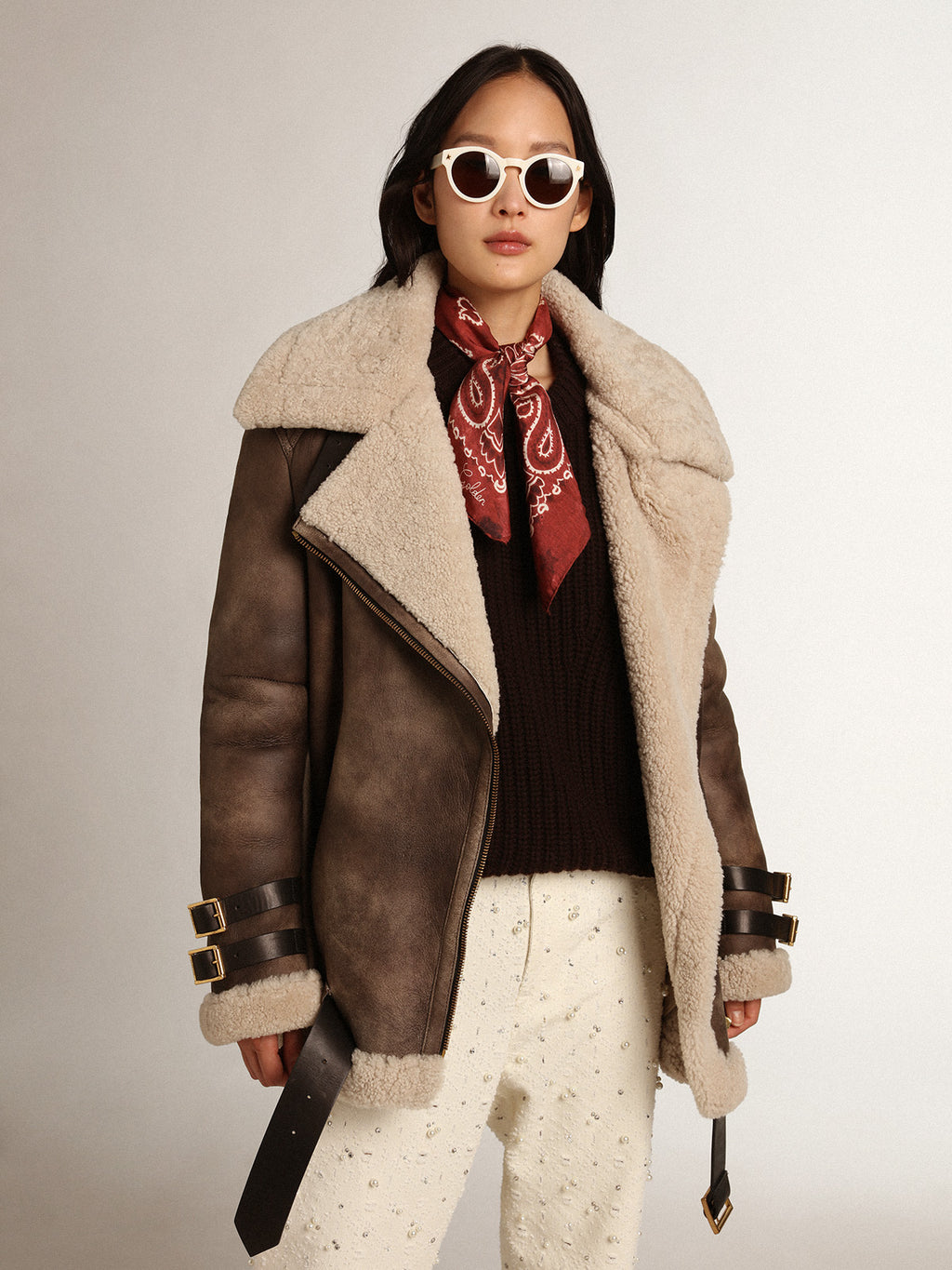 Women's leather jacket with shearling collar| Golden Goose