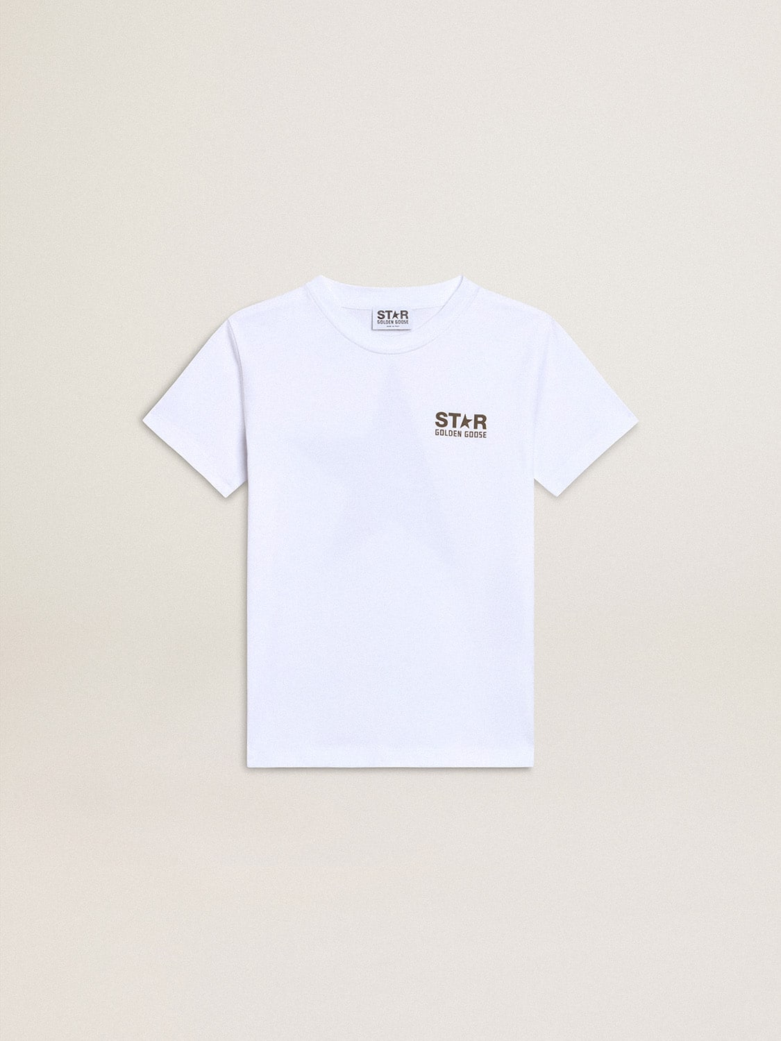 Boys' white T-shirt with contrasting dark green logo and star| Golden Goose