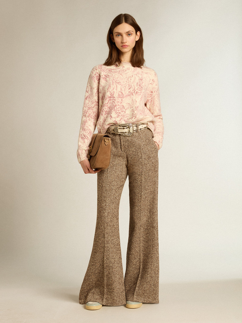 Women's round-neck sweater in wool with all-over toile de jouy pattern| Golden Goose