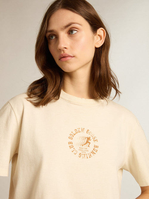 Aged white cotton T-shirt with seasonal logo| Golden Goose