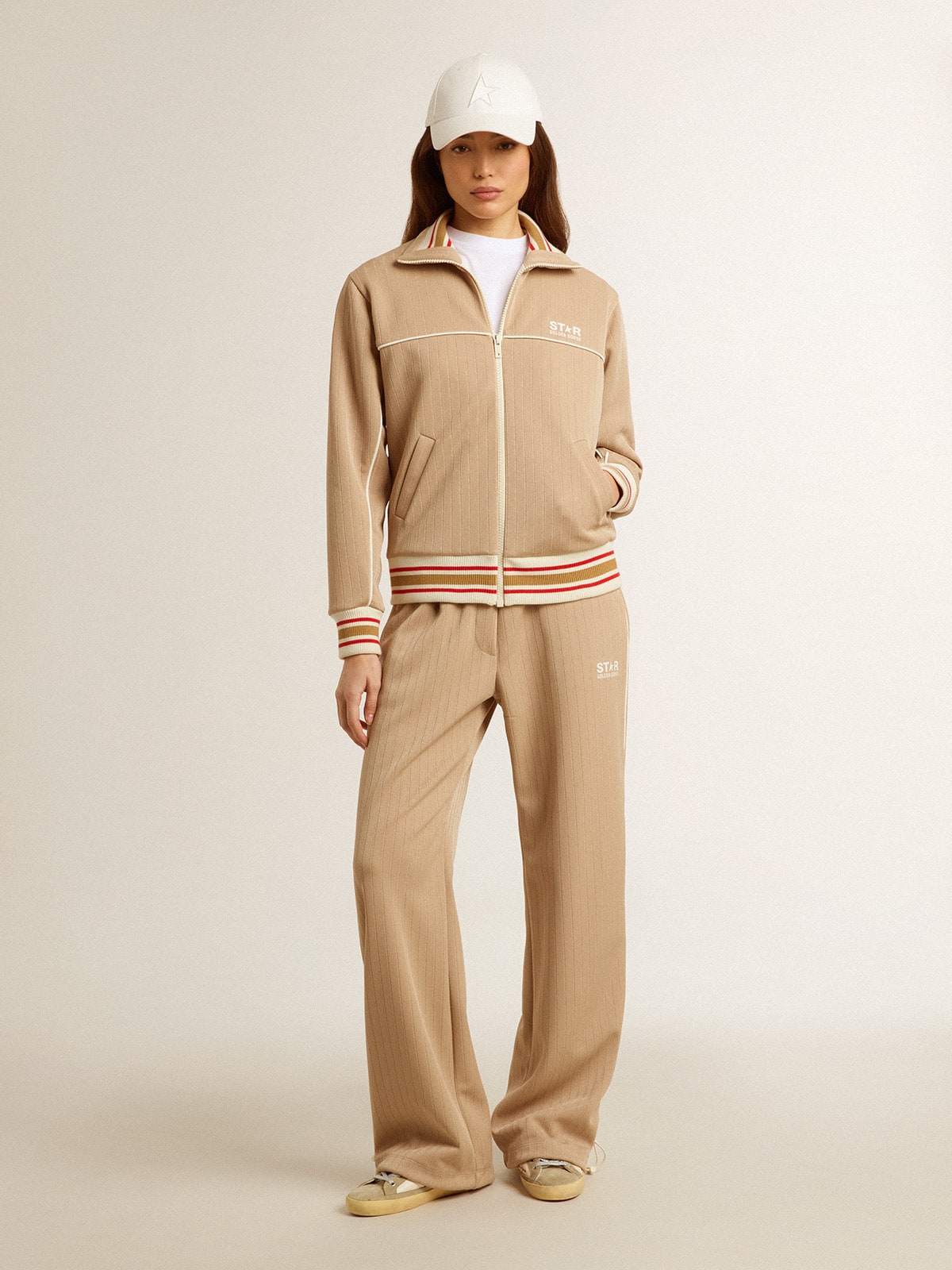 Women's light beige zipped sweatshirt with white logo| Golden Goose