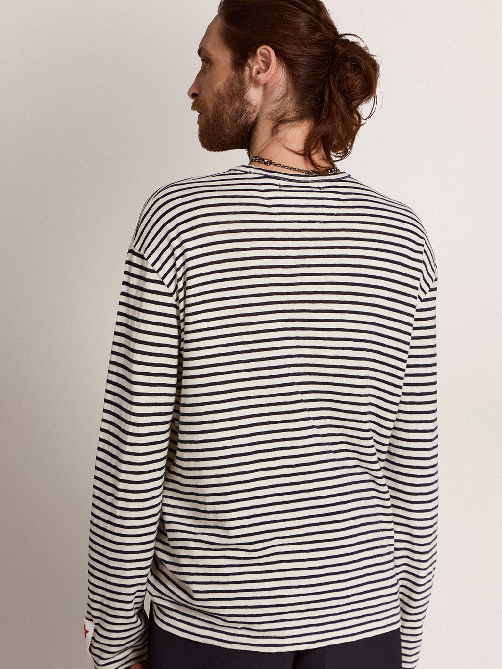 Men's T-shirt with white and blue stripes and embroidery on the front| Golden Goose