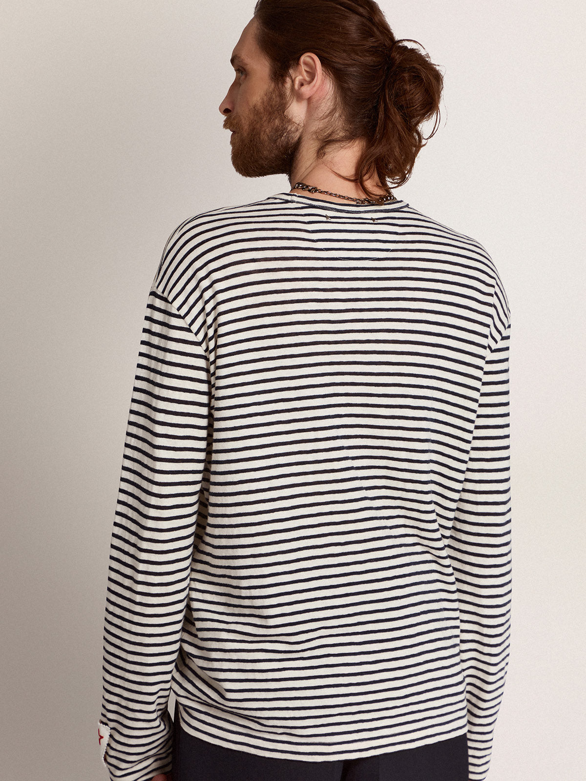 Men's T-shirt with white and blue stripes and embroidery on the front| Golden Goose
