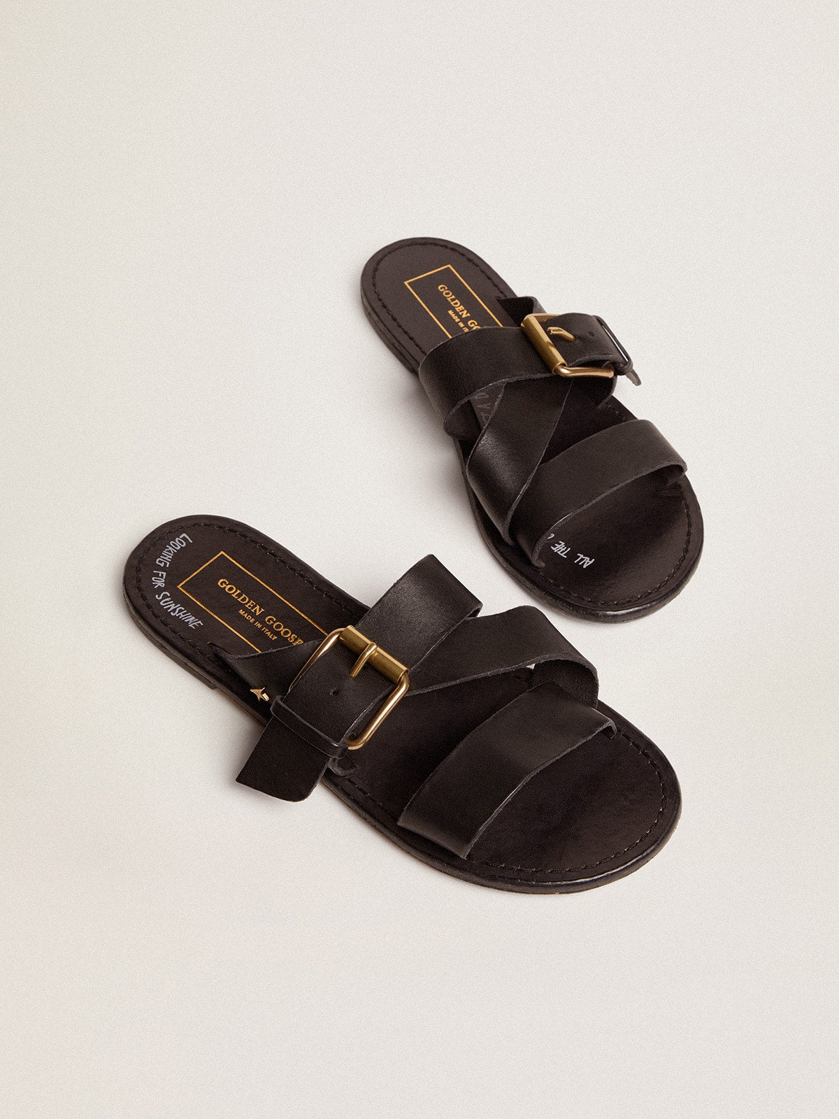Black leather flat sandals with buckle Margaret| Golden Goose