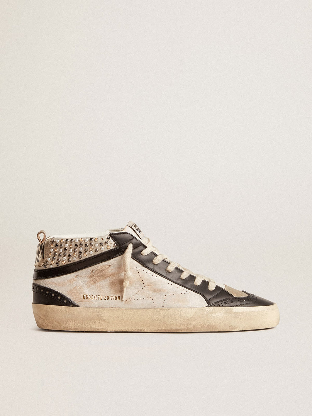 Men's Mid Star LTD in black and white leather with pearls and perforated star| Golden Goose