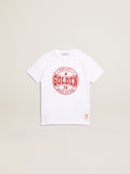 Boys' white T-shirt with printed red logo in the center| Golden Goose