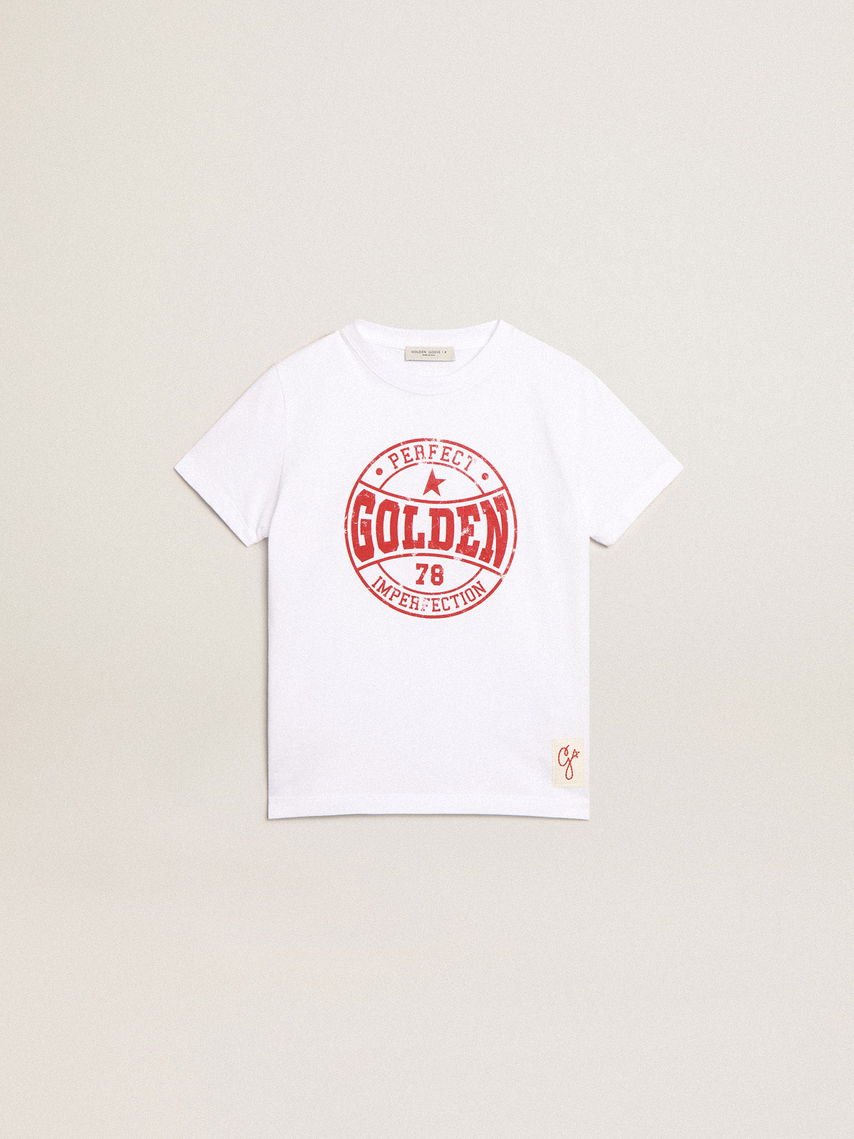 Boys' white T-shirt with printed red logo in the center| Golden Goose