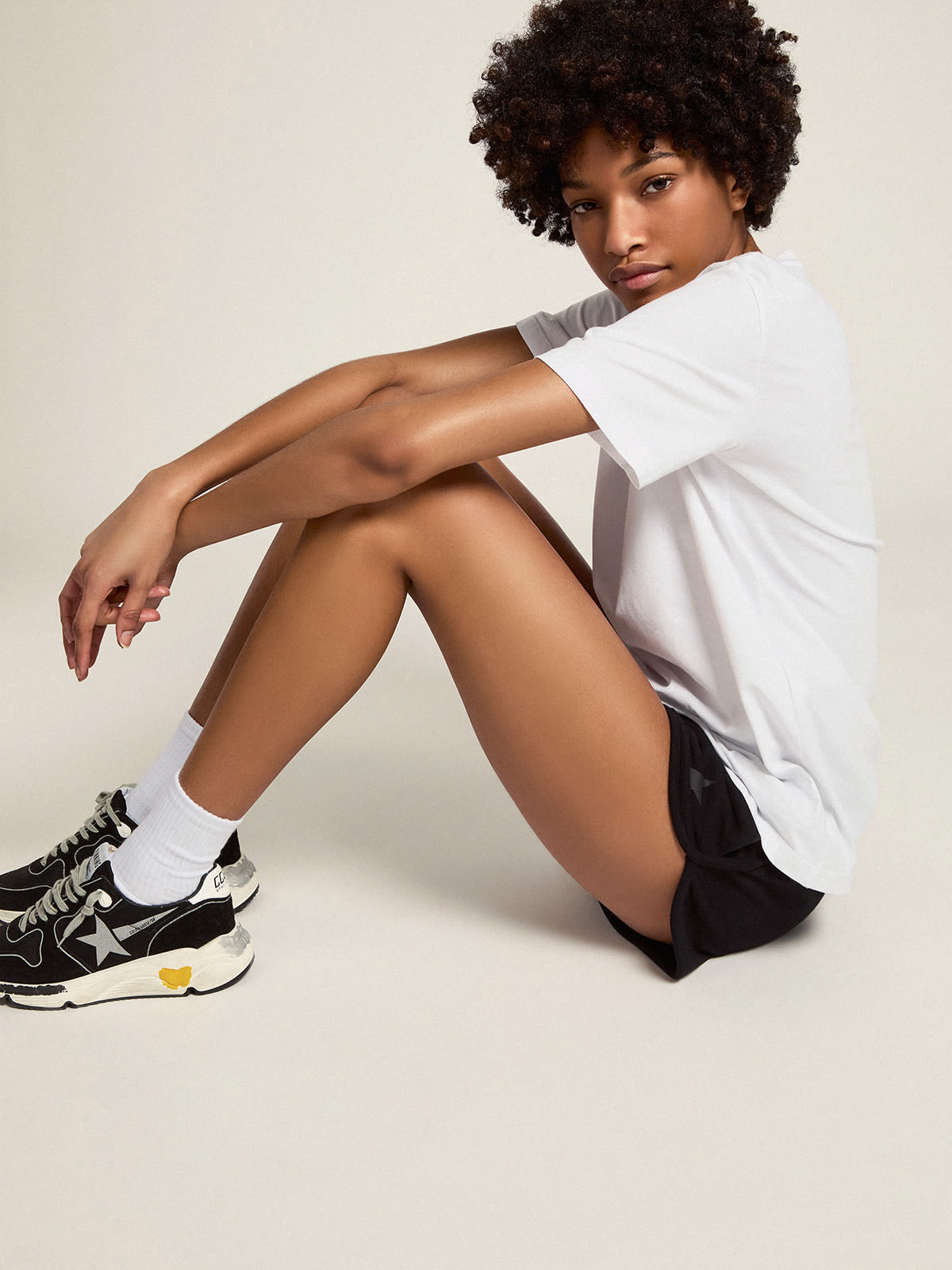 Women's white T-shirt with silver glitter star on the front| Golden Goose