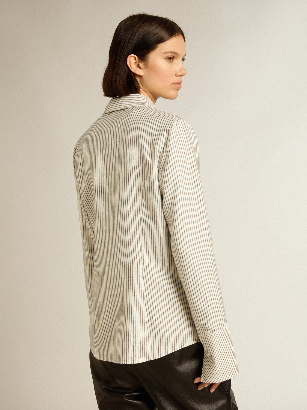 Women's white viscose shirt with narrow black stripes| Golden Goose