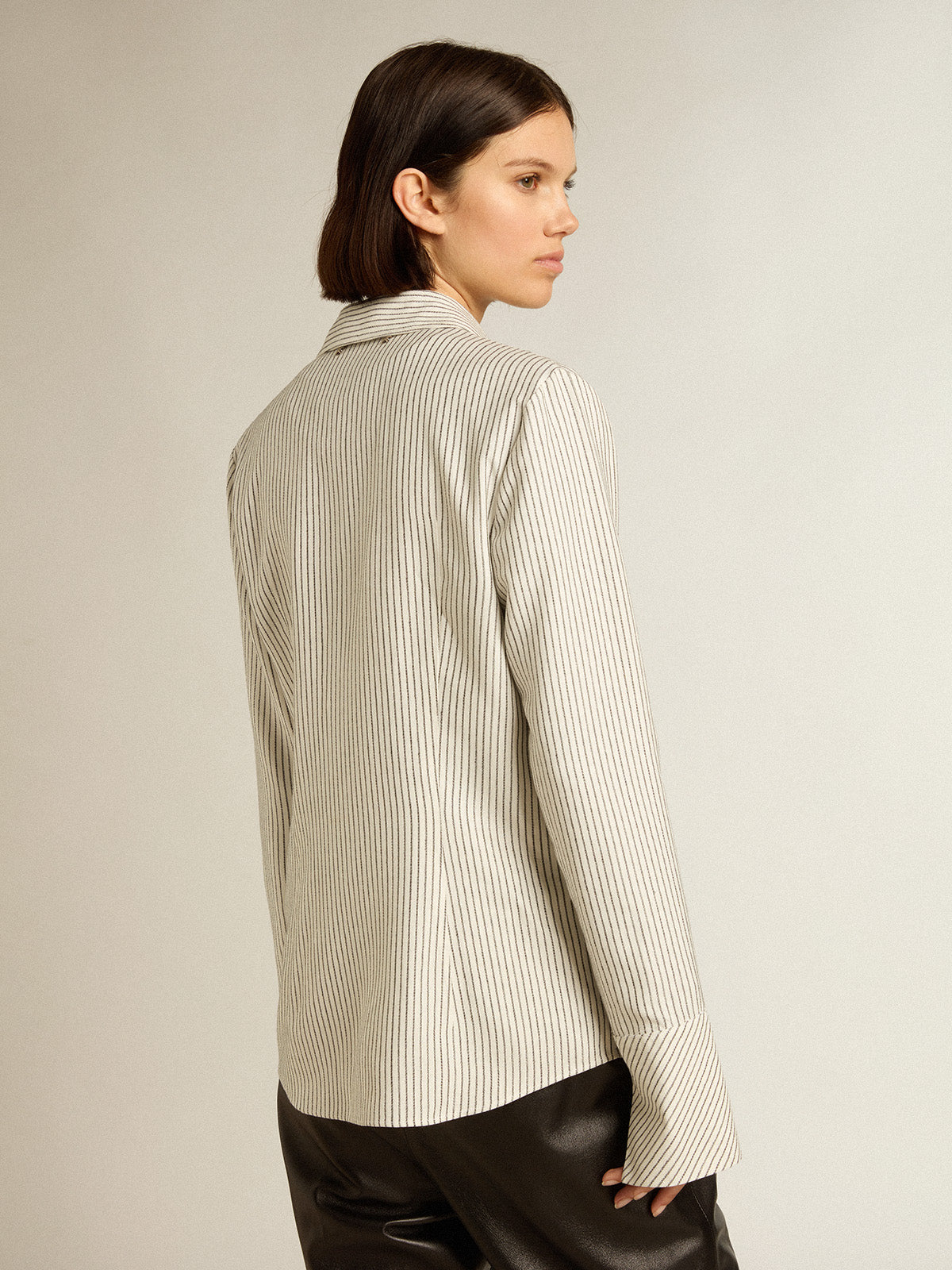 Women's white viscose shirt with narrow black stripes| Golden Goose