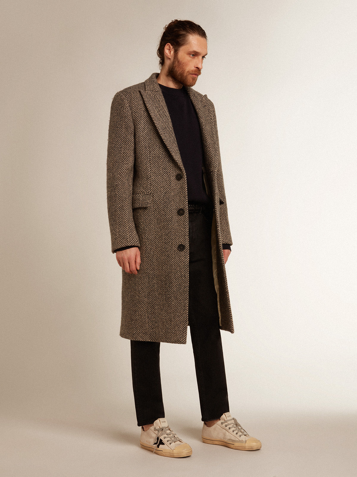 Men's single-breasted wool coat with beige and gray herringbone weave| Golden Goose