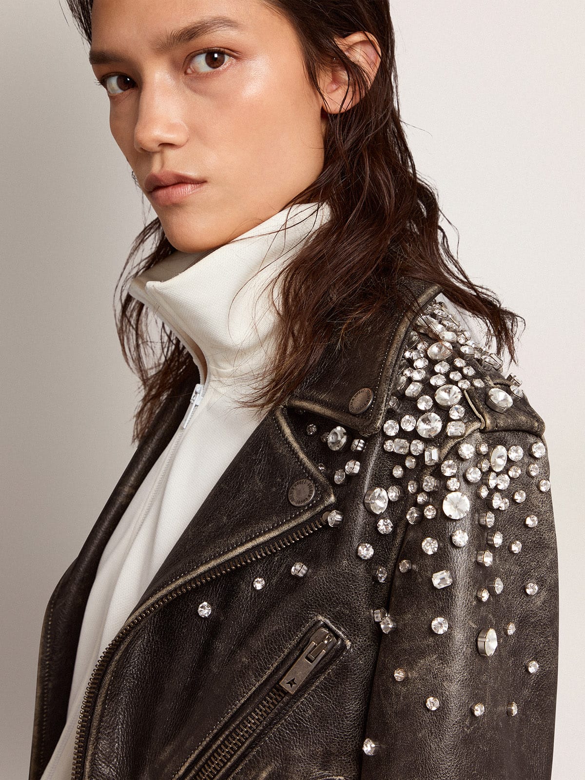Women's leather biker jacket with crystals| Golden Goose