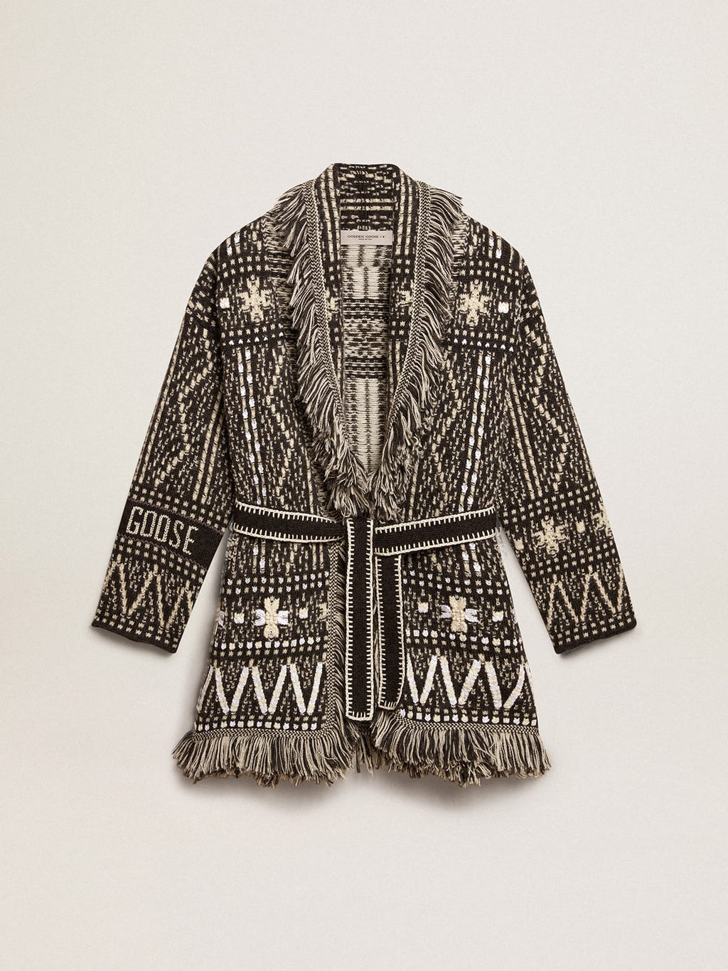 Cardigan with belt and dark gray Fair Isle pattern| Golden Goose