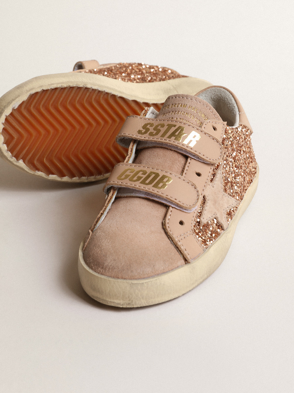 Old School Young in peach-pink glitter with pink suede star| Golden Goose