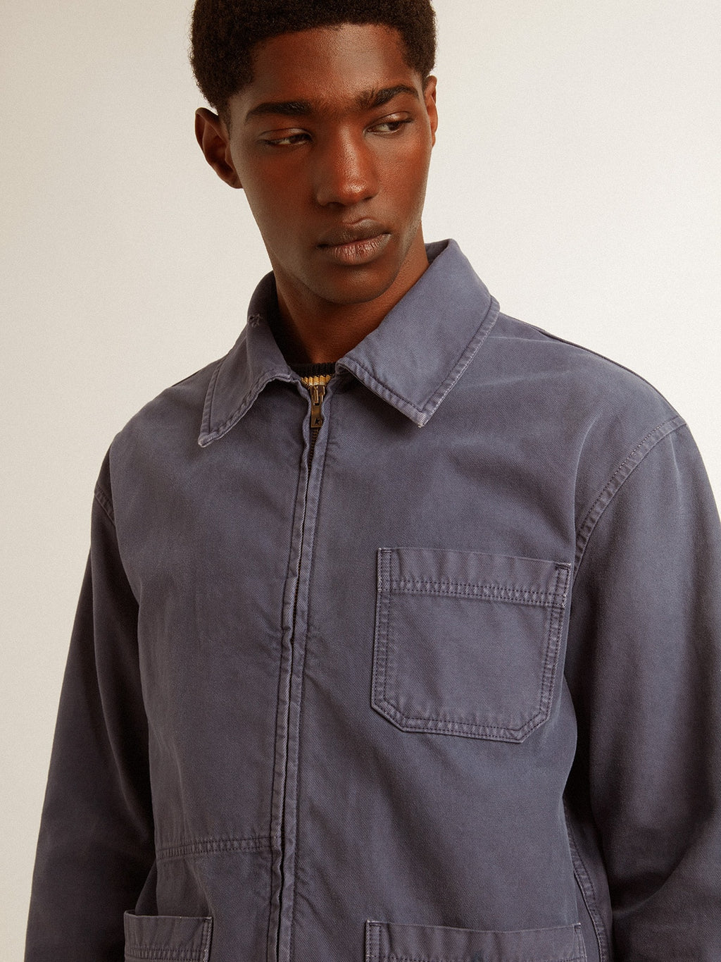 Men's blue jacket in denim cotton with distressed treatment| Golden Goose