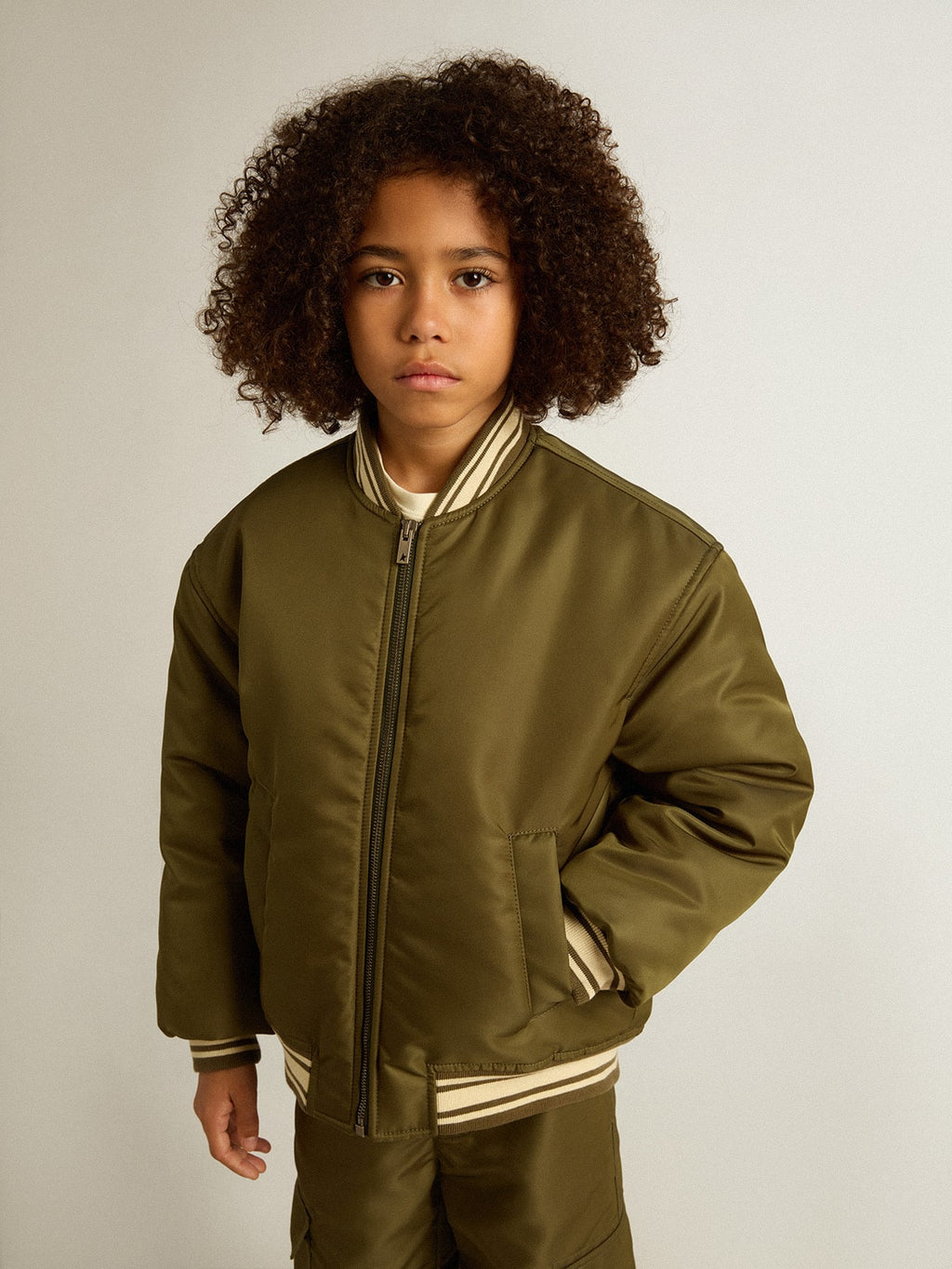 Kids military-green nylon bomber jacket with lettering on the back| Golden Goose