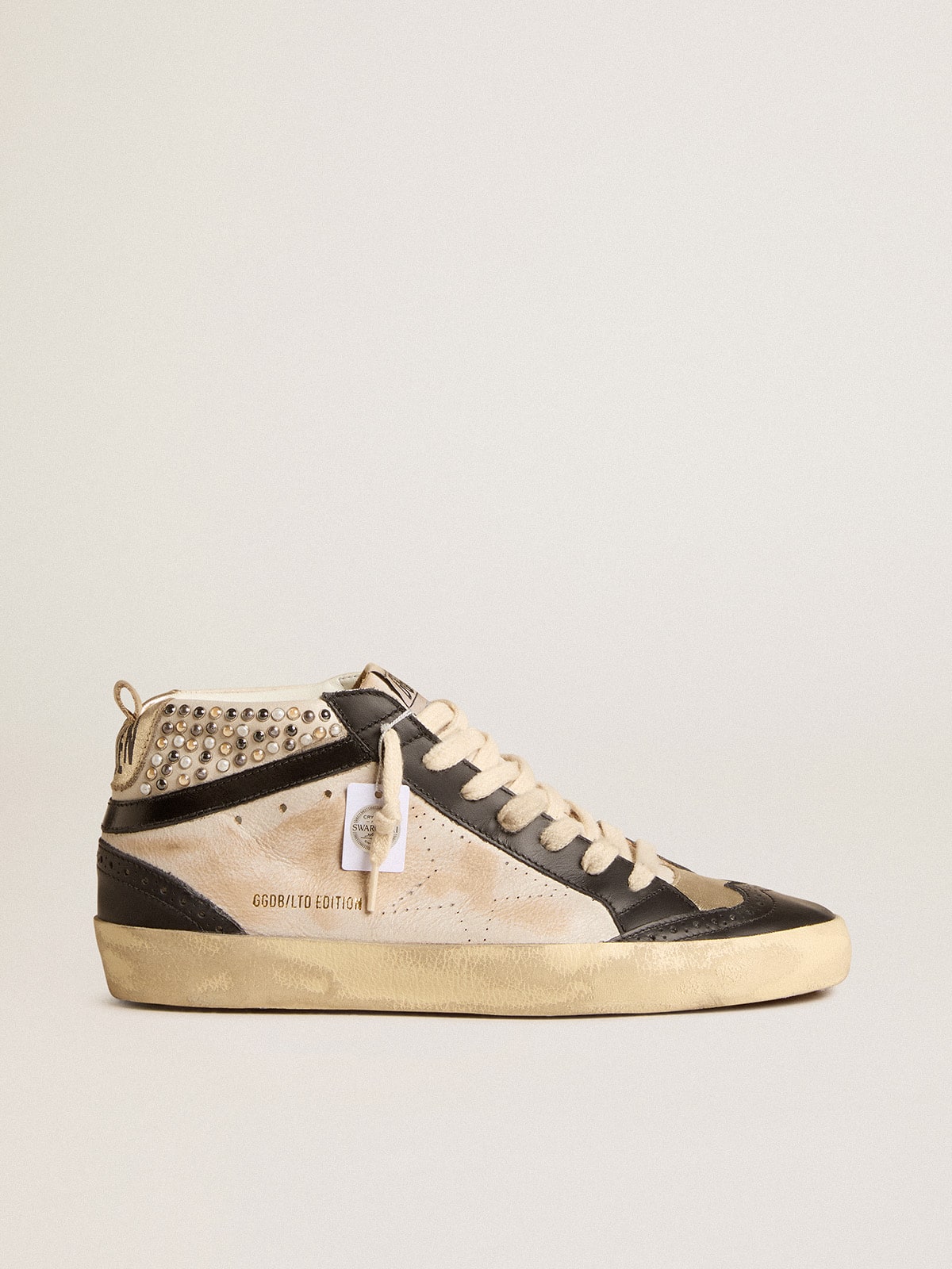 Women's Mid Star LTD in black and white leather with pearls and perforated star| Golden Goose