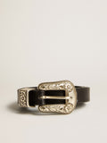 Black belt in washed leather with silver color buckle| Golden Goose