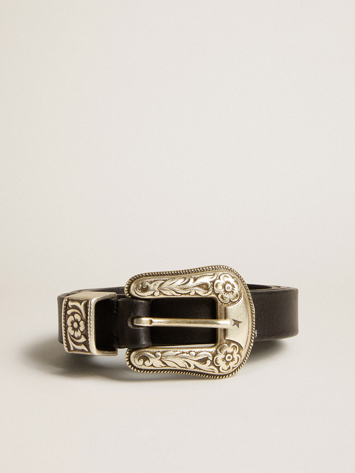 Black belt in washed leather with silver color buckle| Golden Goose