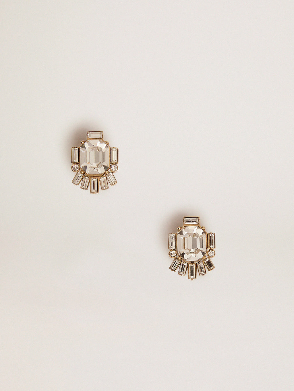 Women's Déco stud earrings in antique gold color with crystals| Golden Goose