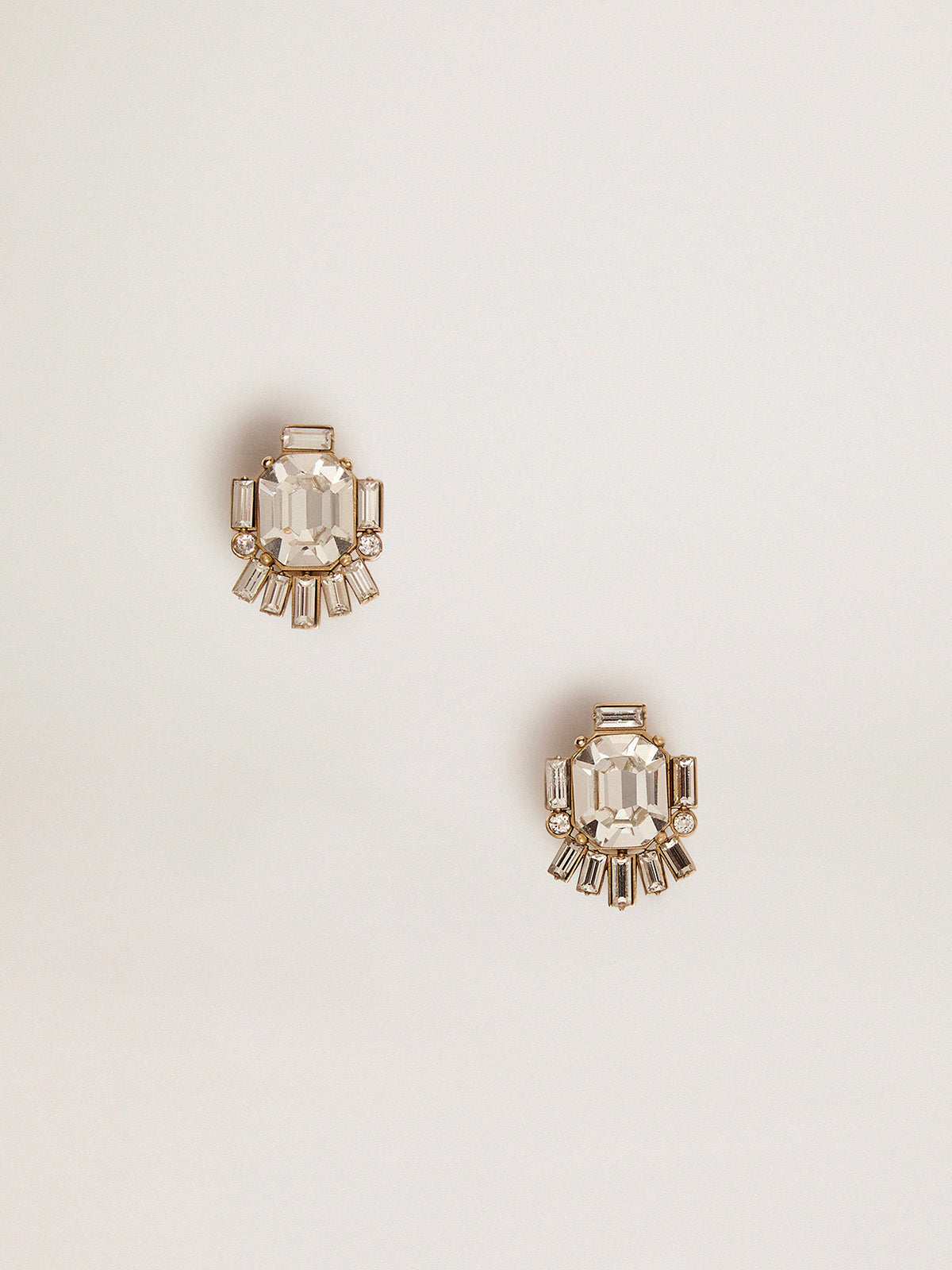 Women's Déco stud earrings in antique gold color with crystals| Golden Goose
