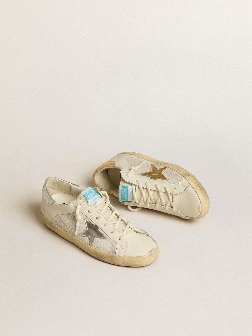 Super-Star in white leather and suede with silver and gold leather star| Golden Goose