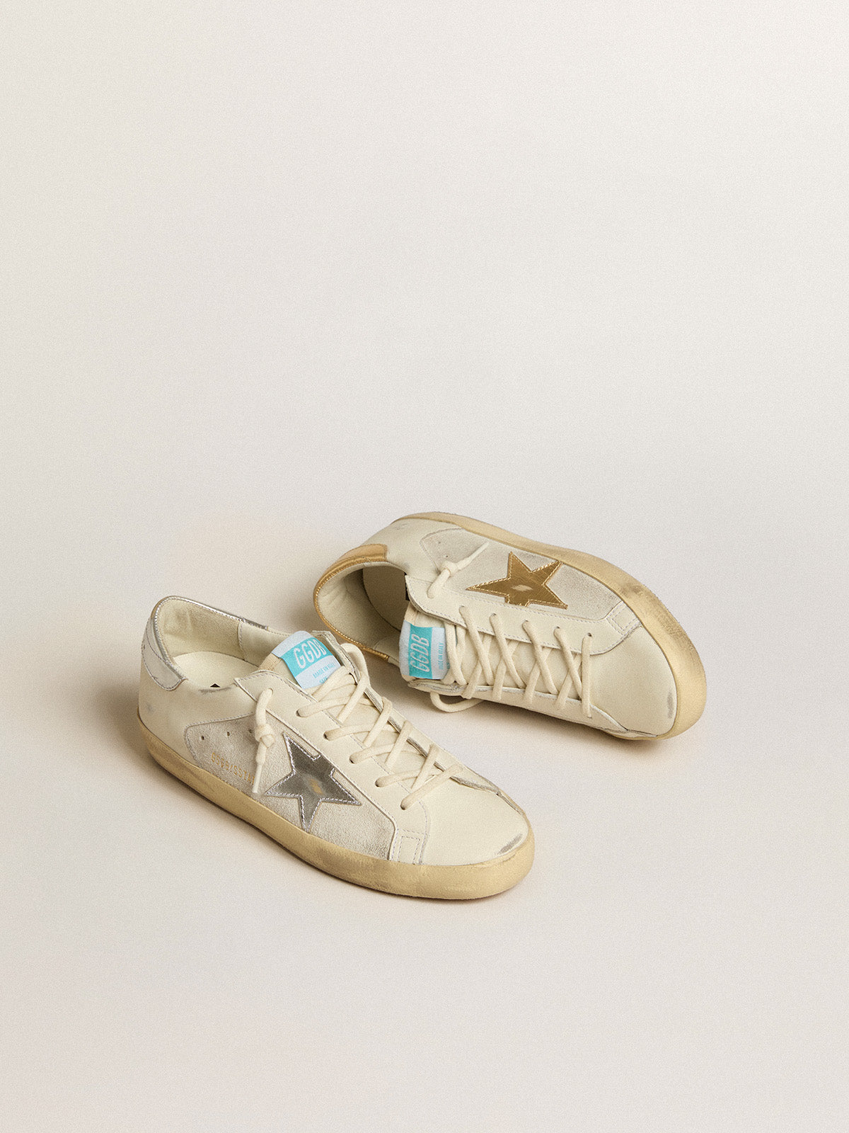 Super-Star in white leather and suede with silver and gold leather star| Golden Goose