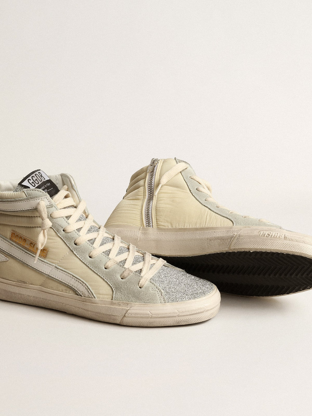 Slide in ivory nylon with white leather star and silver Swarovski crystal tongue| Golden Goose