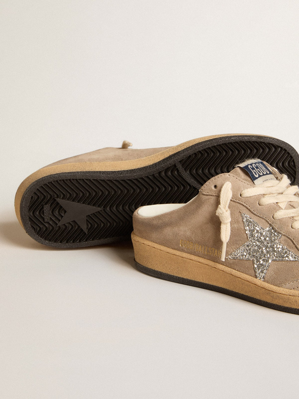 Ball Star Sabots in dove-gray suede with silver glitter star| Golden Goose