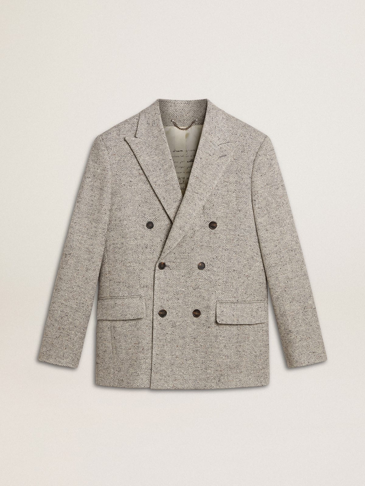 Men's double-breasted jacket in gray silk and chevron wool| Golden Goose