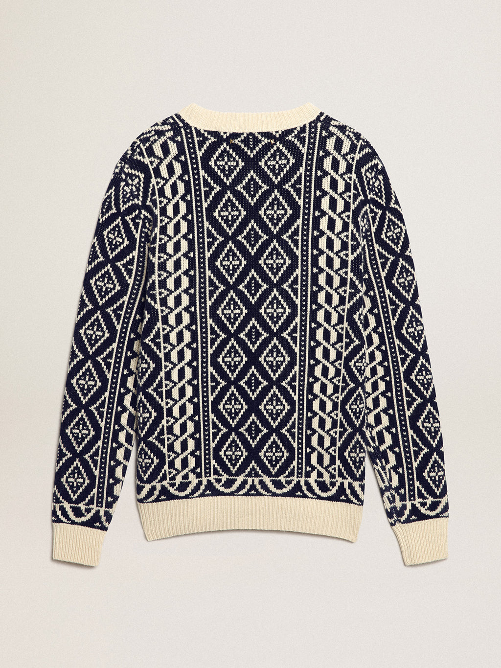 Round-neck sweater with parchment and blue geometric pattern| Golden Goose