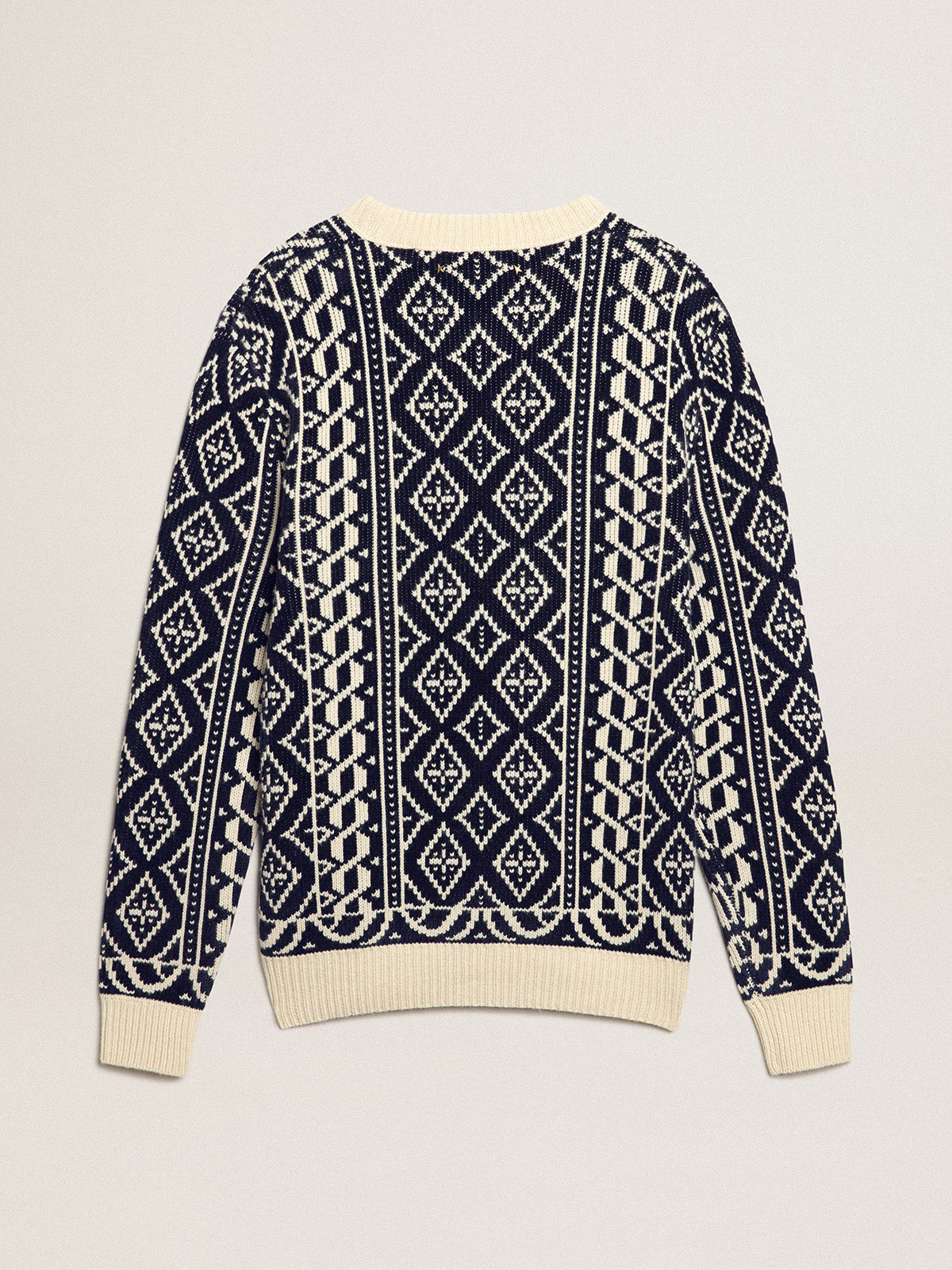 Round-neck sweater with parchment and blue geometric pattern| Golden Goose