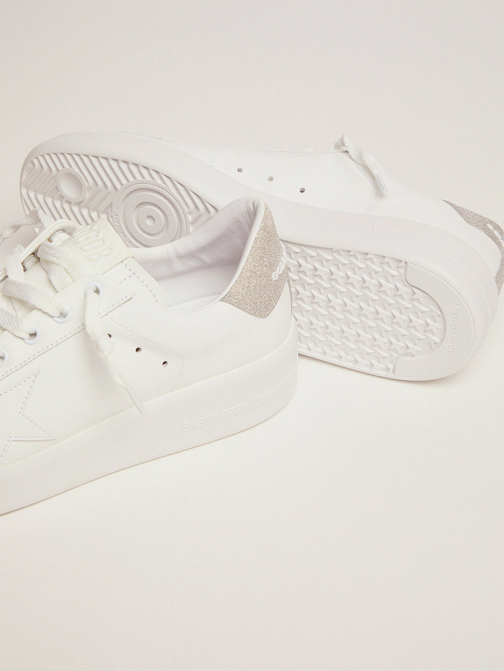 Purestar sneakers in white leather with champagne glitter heel tab| Golden Goose