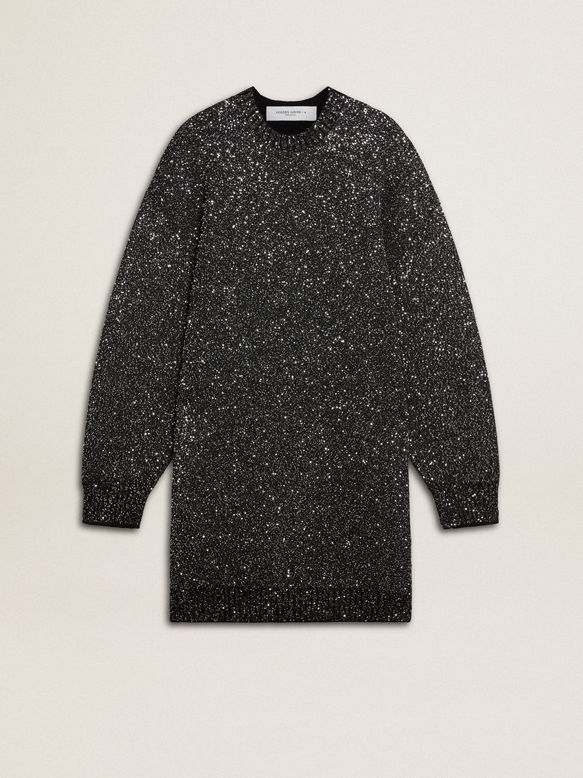 Women's black crew neck dress with all-over silver sequins| Golden Goose