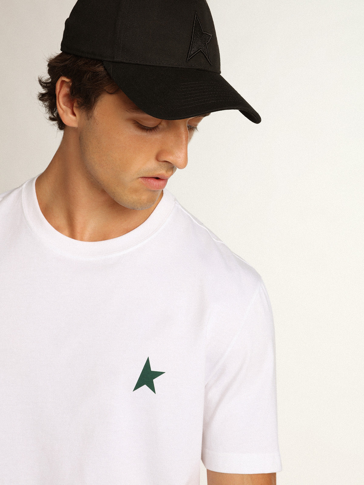 White Star Collection T-shirt with contrasting green star on the front| Golden Goose