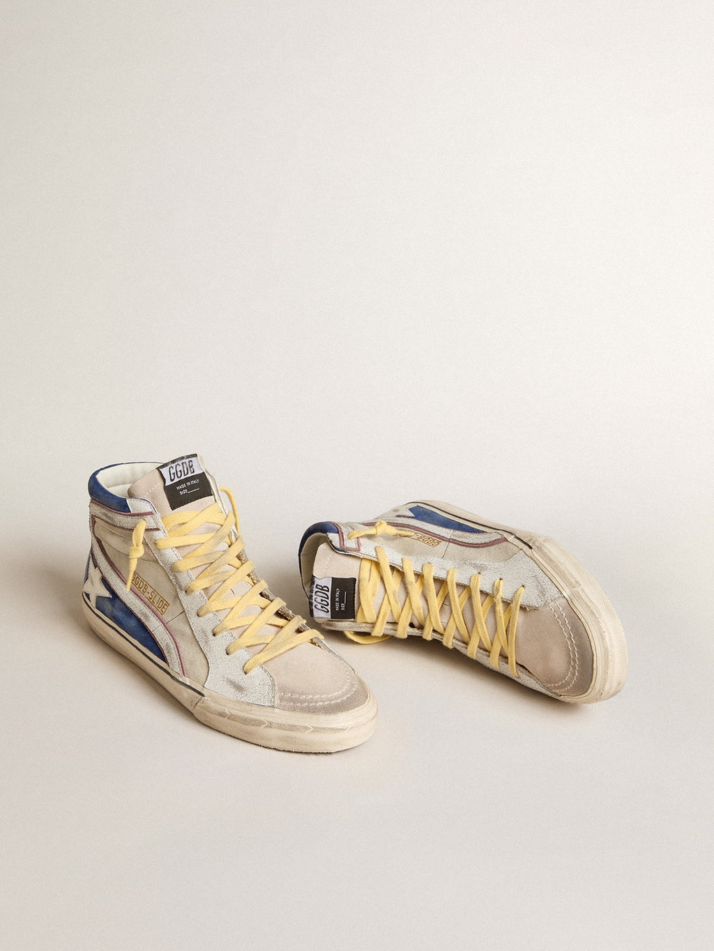 Slide in pearl canvas and blue suede with white leather star and flash| Golden Goose