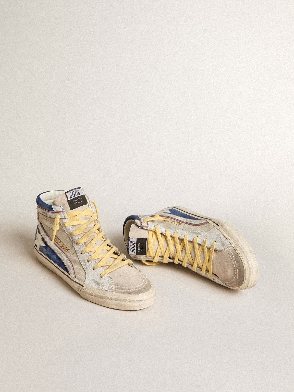 Slide in pearl canvas and blue suede with white leather star and flash| Golden Goose