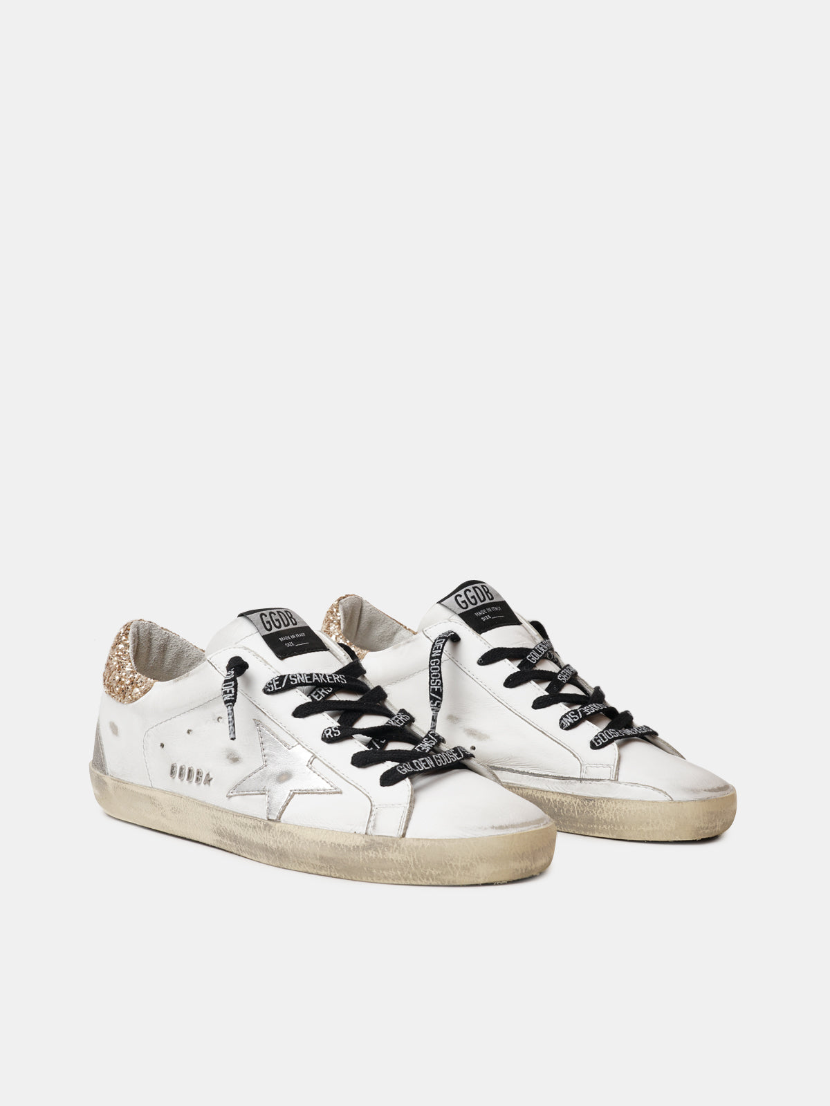 White leather Super-Star sneakers with glittery heel tab| Golden Goose