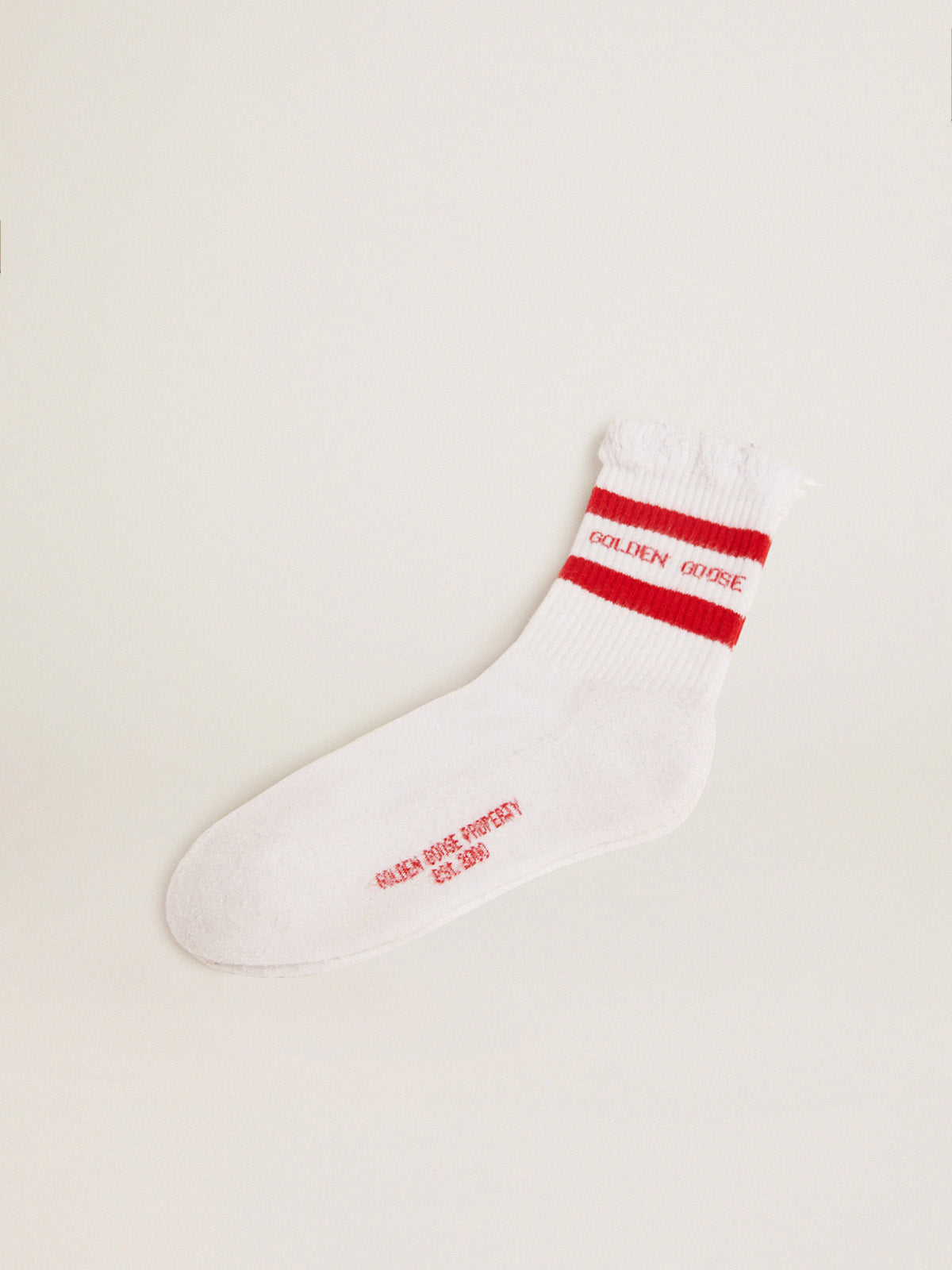Cotton socks with distressed finishes, red stripes and logo| Golden Goose