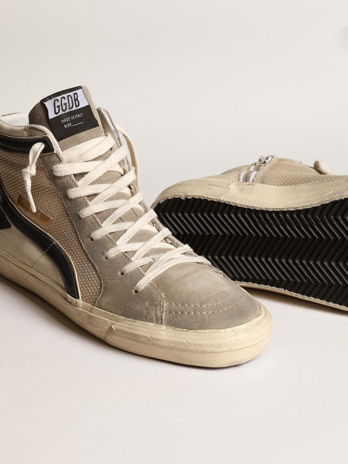 Slide in beige mesh and nylon with blue leather star and flash| Golden Goose